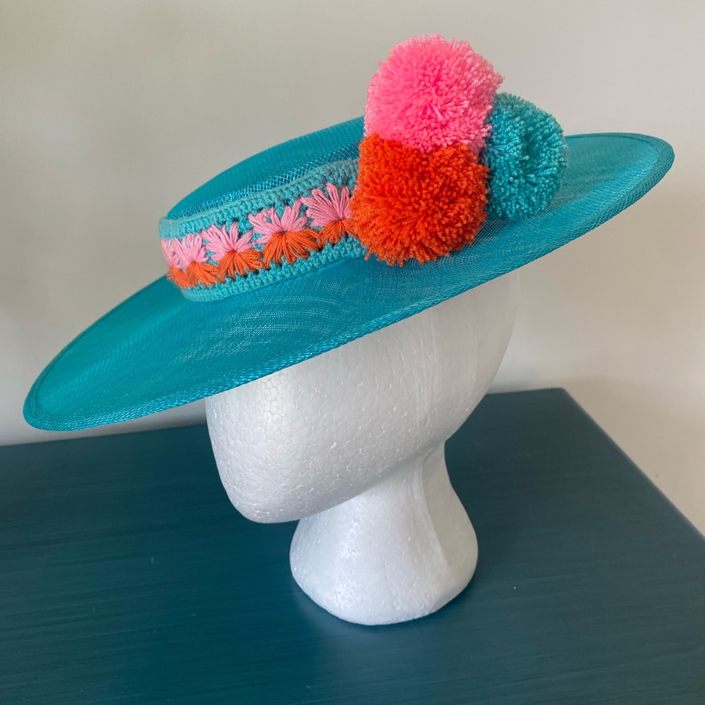 New Kentucky Derby Hat Turquoise Oaks Wide Brim Sinamay Boater Pom Pom Band Hat